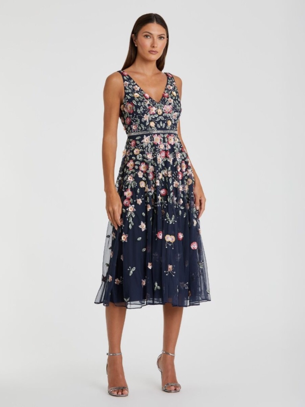 Mac Duggal 5527 Blue V-Neck Sleeveless Midi Floral Beaded A-line Dress Sz 14 NWT